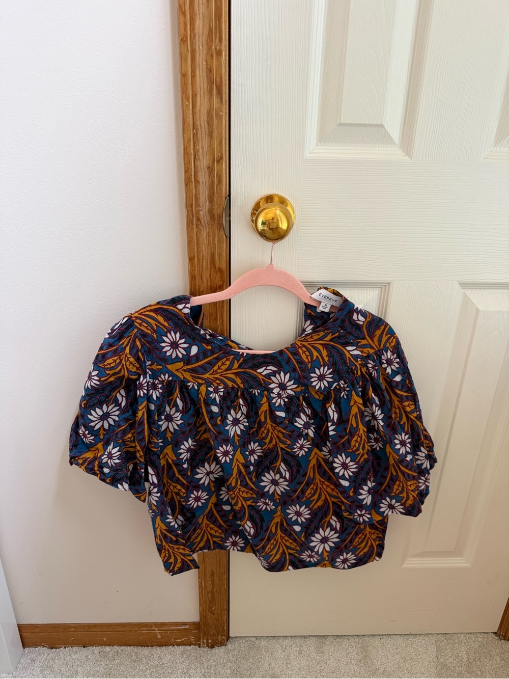 Evereve Navy Floral Puff Sleeve Blouse with Mustard Vines